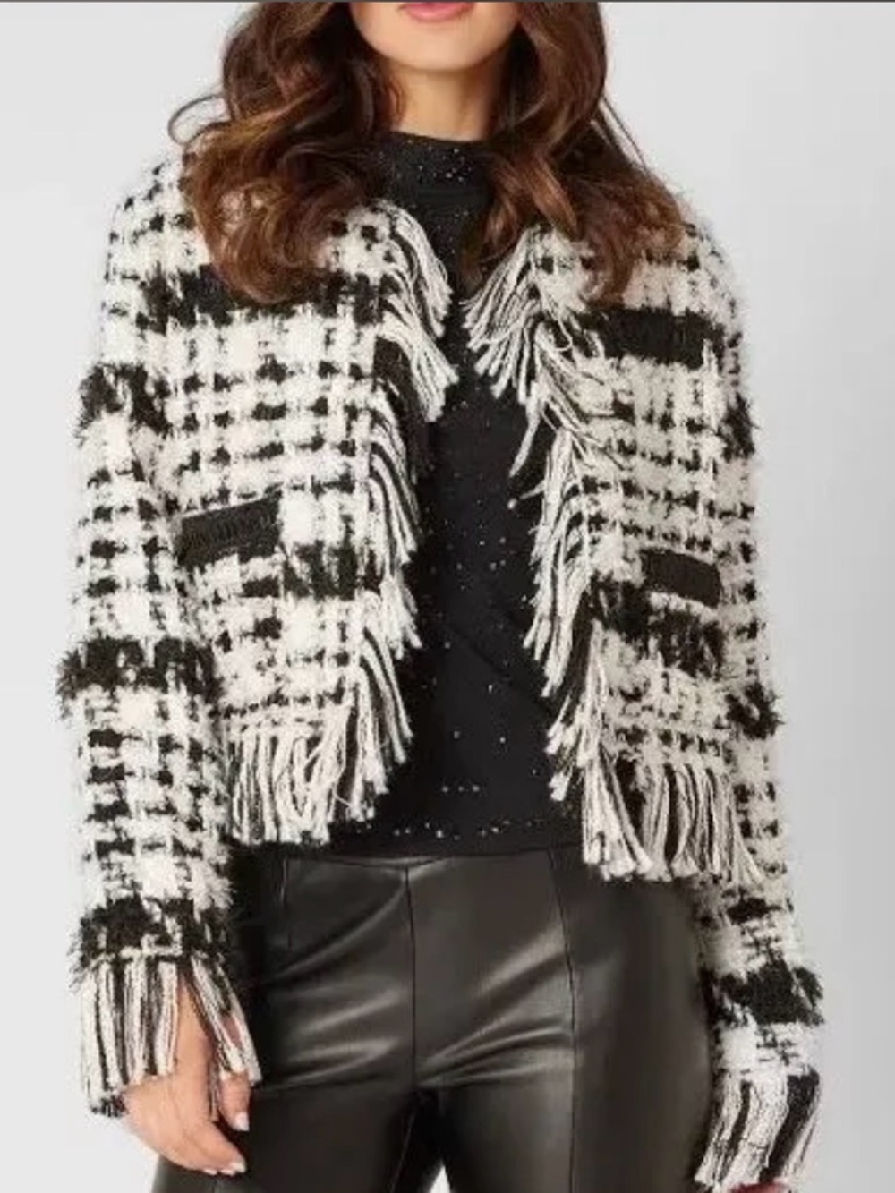 Adrienne Landau Fringed Black and White Tweed Jacket